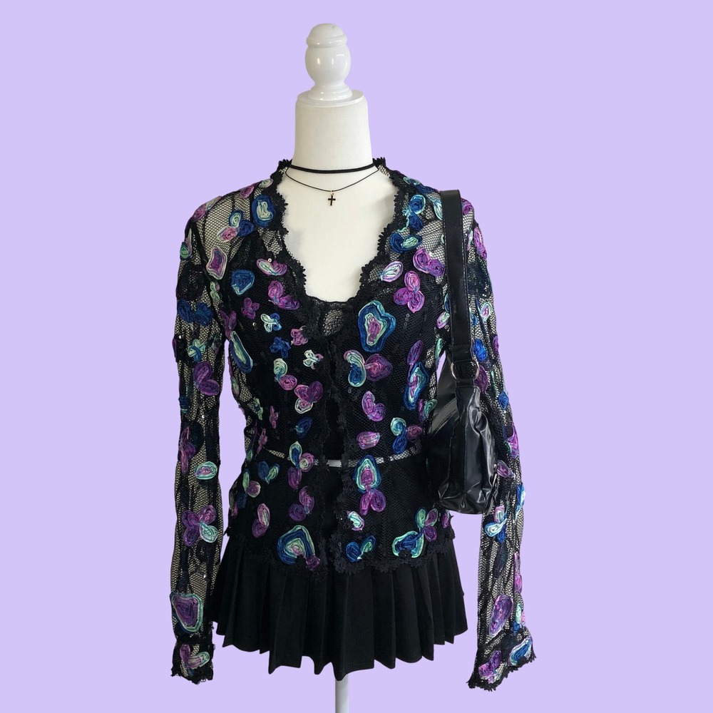 NWT Vintage Y2K JS Collections Sheer Mesh Butterfly Cardigan Top Sequined Lace 8